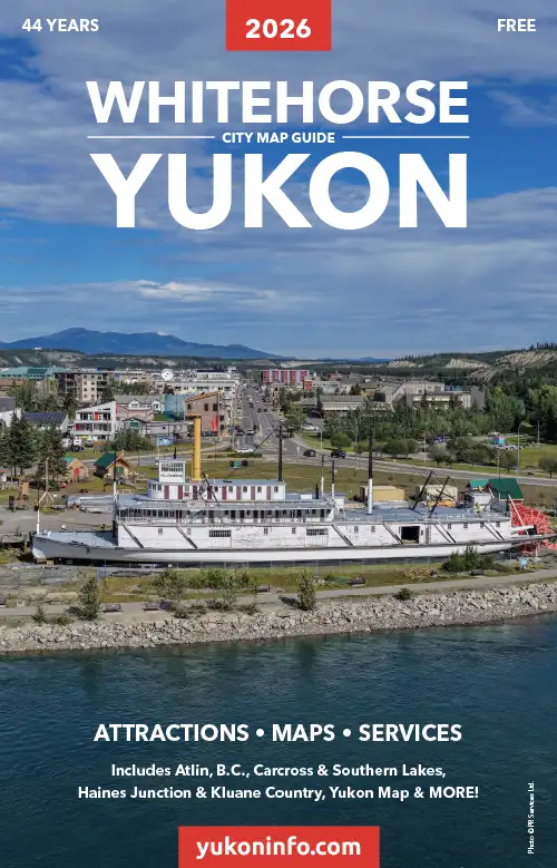 Whitehorse City Map Guide featuring aerial photo of Whitehorse with the Yukon River and SS Klondike along the banks of the river